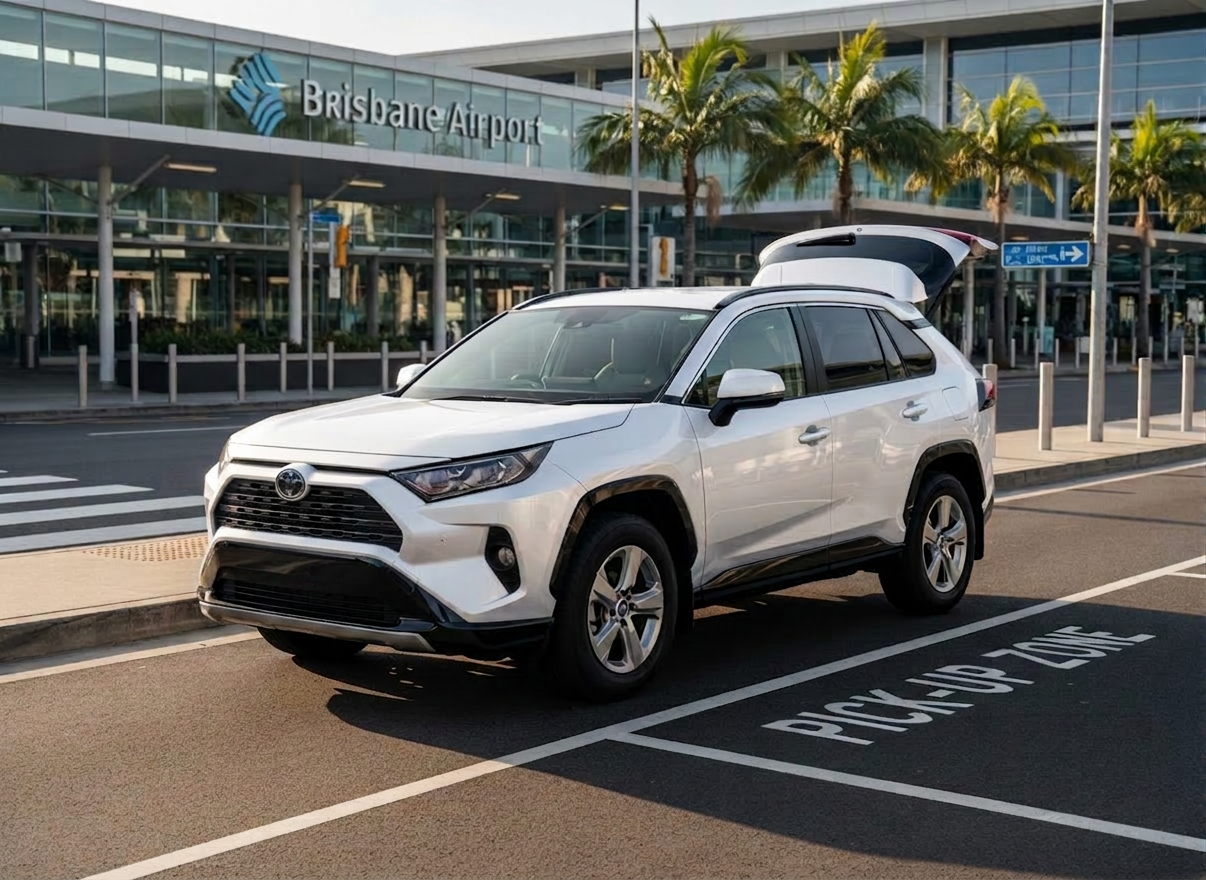 A modern 2023 silver Toyota RAV4 SUV taxi with subtle taxi signage, photographed in front of a generic airport terminal pickup area in Brisbane style lighting, clean and professional look, ready for passengers. A modern 2023 silver Toyota RAV4 SUV taxi with subtle taxi signage, photographed in front of a generic airport terminal pickup area in Brisbane style lighting, clean and professional look, ready for passengers.