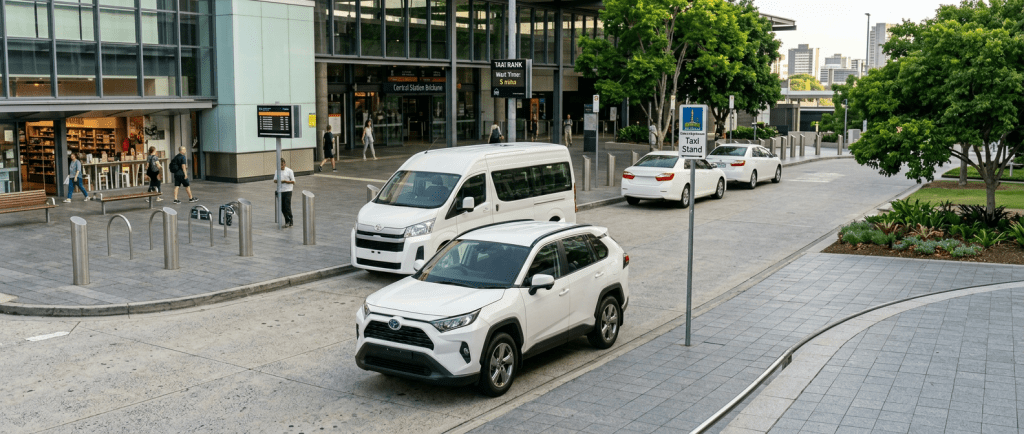 Brisbane taxis picking up passengers outside Central Station with visible taxi wait time sign